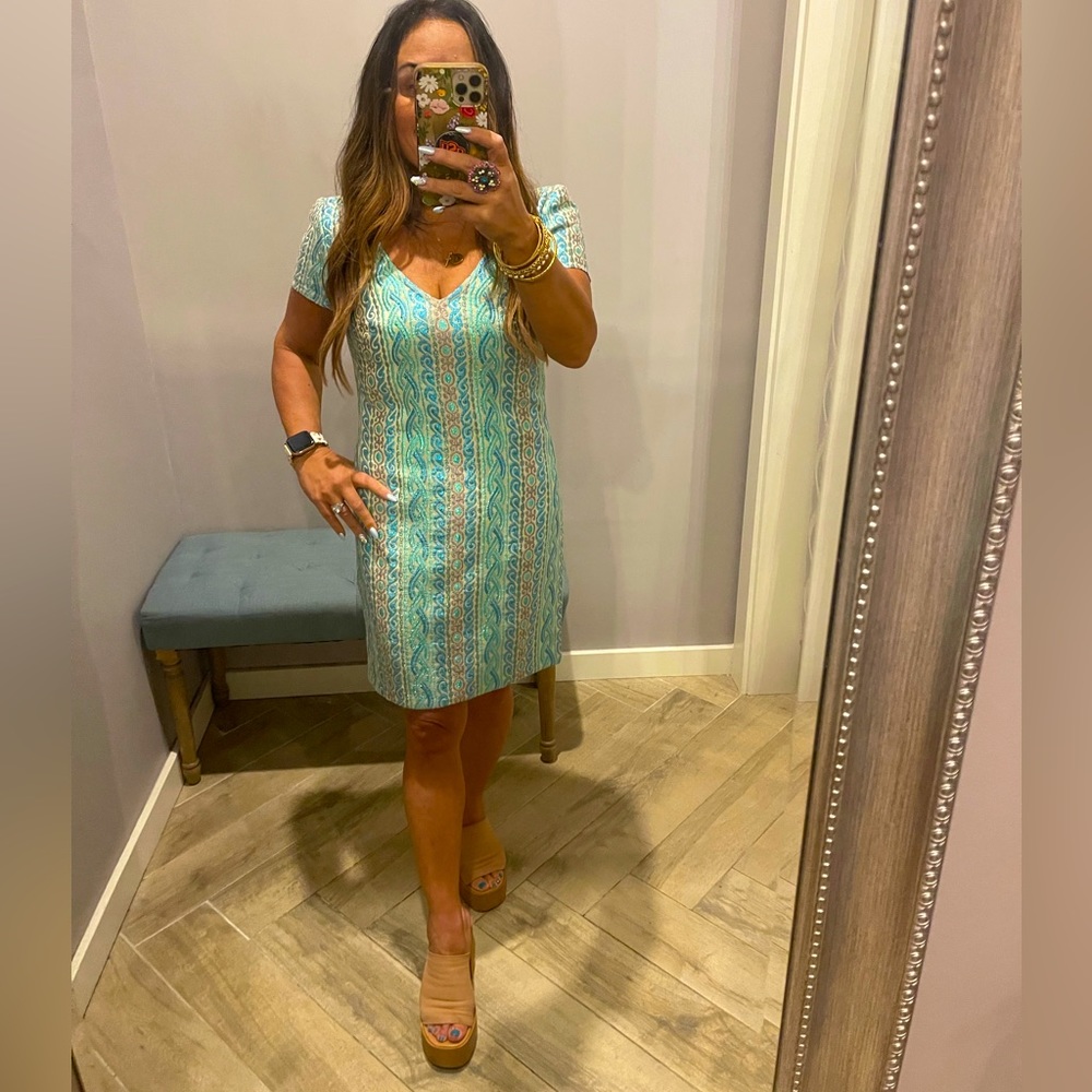 TRINA TURK Blue tone metallic sheath party dress size 0 NWT